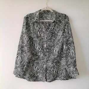 Notations Womens Black Roll Tab Sleeve Zebra Striped Button-Up Shirt Size PXL